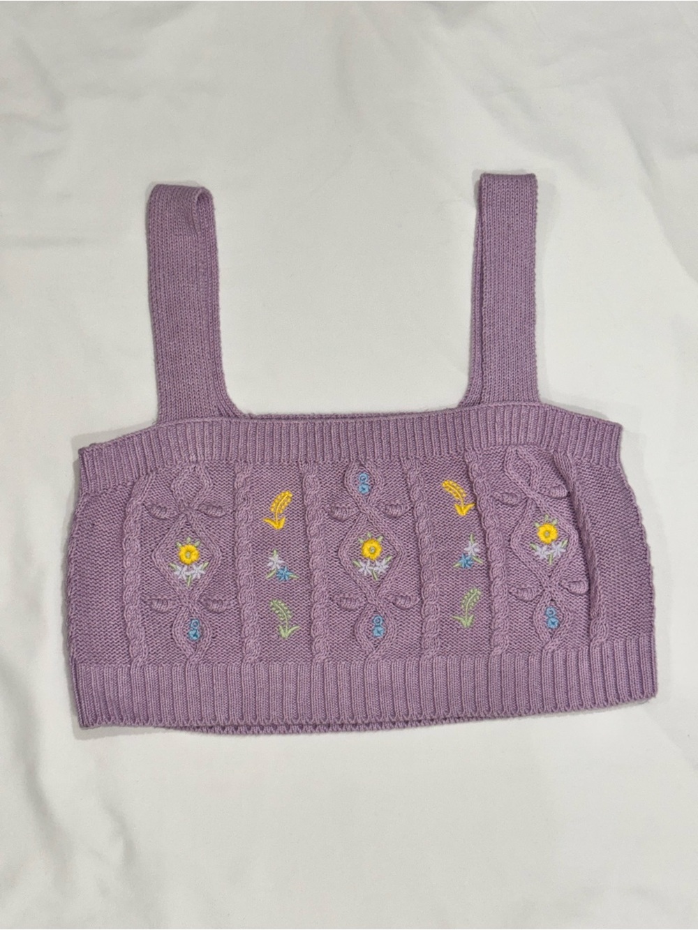 ZARA Lilac Cable Knit Cropped Sweater Tank Embroidered Flowers Boho Cottagecore